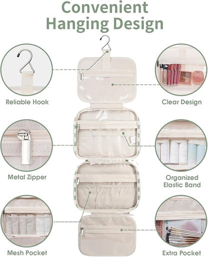 Narwey Travel Toiletry Bag for Women Large Hanging Makeup Bag Organizer Toiletries Bag for Full Size Essentials Accessories Cosmetics (Mint Green Checkerboard (Large))