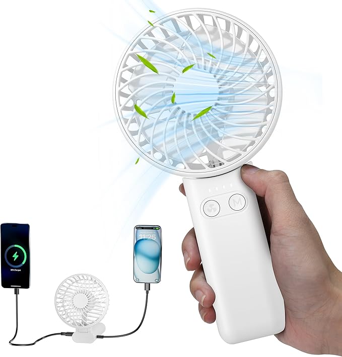 HandFan 5200mAh Portable Handheld Fan, Rechargeable Hand Fan, Battery Operated 8.5-27hrs, Personal USB Foldable Fan, Travel Essential Gifts for Women/Girls/Friends (White)