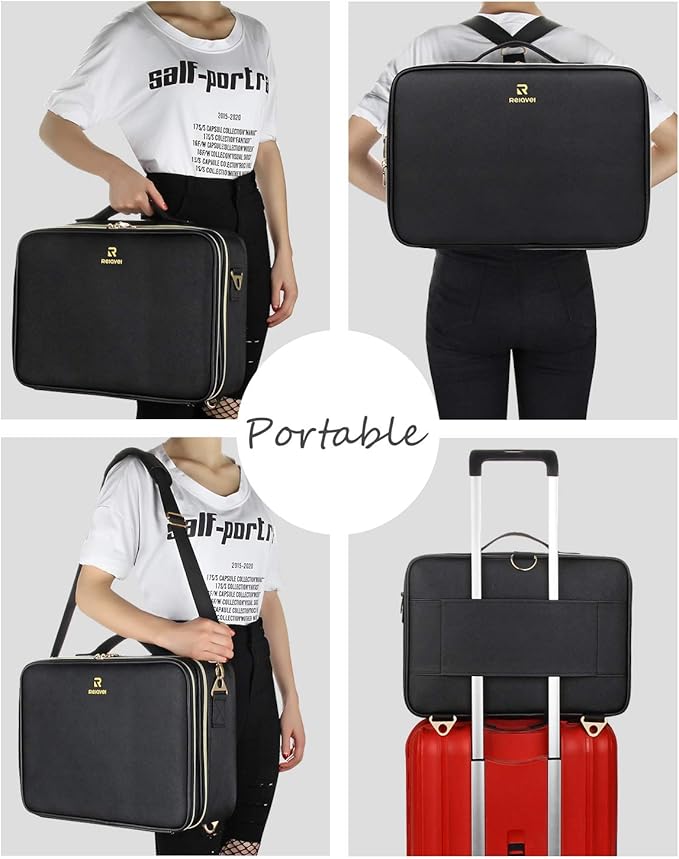 Relavel Makeup Case Large Makeup Bag Professional Train Case 16.5 inches Travel Cosmetic Organizer Brush Holder Waterproof Makeup Artist Storage Box, Large Capacity (Leather Black)