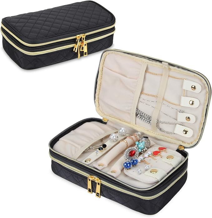 Teamoy Double Layer Jewelry Organizer, Quilted Jewelry Travel Case for Rings, Necklaces, Earrings, Bracelets and More, Black-Bag Only