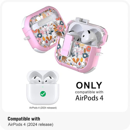 WENEW Case for AirPods 4th Case Cover Secure Lock Automatic Snap Switch Clip Cleaner Kit Lanyard Women Stylish Flower Armour Hard Shell Full Body Front LED Visible (Pink Flower, AirPods 4th)