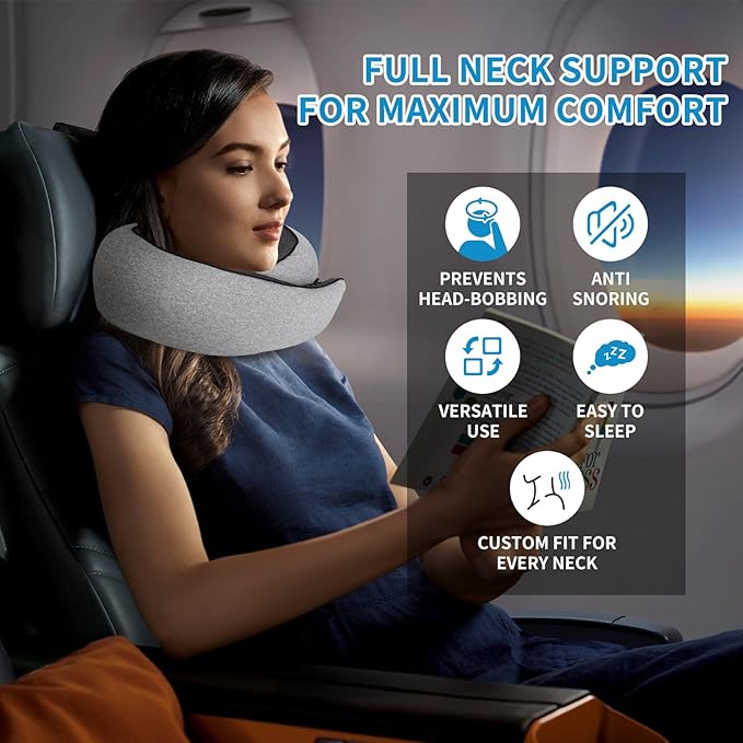 100% Memory Foam Neck Travel Pillow, Neck Pillow Airplane with Eye Mask & Ear Plugs, Ergonomic Portable Design, 360° Support Stowable Pillows Best for Travel Pillow for Plane, Car, Home, Work