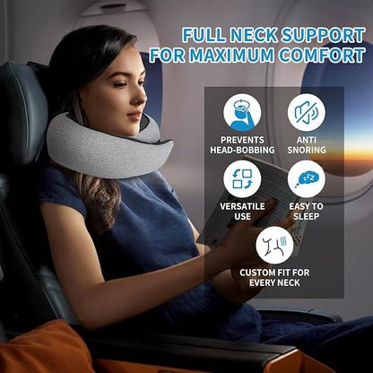 100% Memory Foam Neck Travel Pillow, Neck Pillow Airplane with Eye Mask & Ear Plugs, Ergonomic Portable Design, 360° Support Stowable Pillows Best for Travel Pillow for Plane, Car, Home, Work