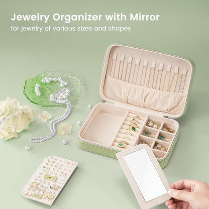 Lolalet Travel Jewelry Case for Women Girls, Travel Jewelry Organizer Box with Mirror & Clear Storage Bag, Small Portable Earring Necklace Bracelet Ring Case, Birthday Christmas Gifts -Medium, Green