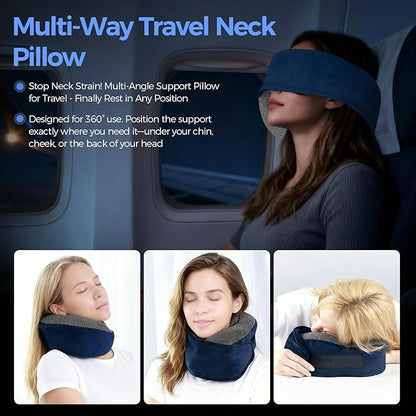Memory Foam Neck Pillow for Airplane Travel - Ergonomic Support for Long Flights, Car Rides, Office & Home Use - Includes Contoured Eye Mask & Head Support - Adjustable Sizes M-L（Navy）