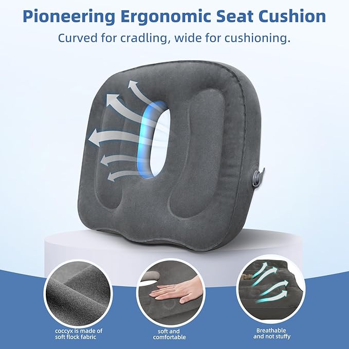 Travel Cushion,Air Seat Cushion,Evolution Cushion Portable & Lightweight Inflatable Seat Cushion - Ideal for Airplane Chairs, School Bleachers, Stadium Seats, and Wheelchairs (Gray)