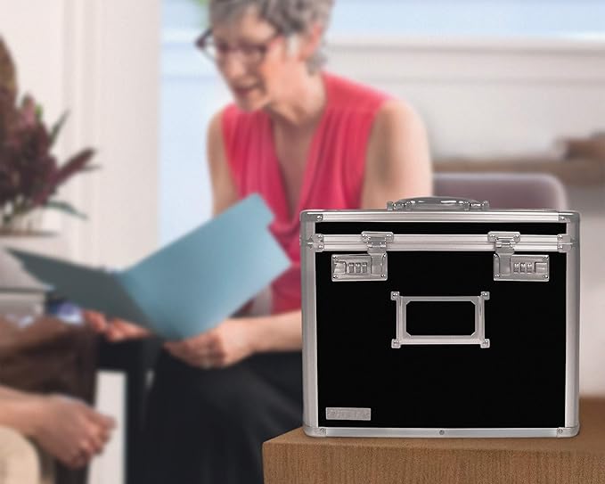 Vaultz File Organizer Storage Box - 14 x 7 x 12.19 Inch Letter Size, Portable Locking Storage Totes with Dual Combination Locks for Filing Office Documents - Super Tactical