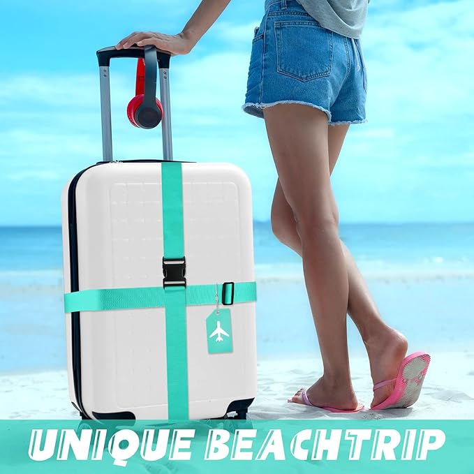 Weewooday 8 Pcs Luggage Straps Suitcase Tags Set for TSA Approved, 4 Travel Adjustable Suitcase Belt, 4 Silicone Luggage Tags with Name ID Card Travel Accessories(Turquoise,Airplane)