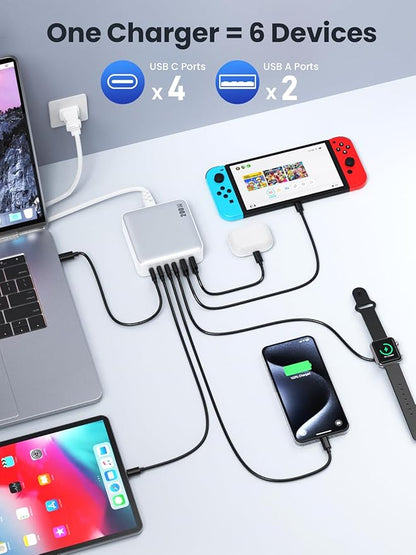 USB C Charger Block Charging Station 200W,Upgraded GaN IV 6-in-1 USB C Charger Fast Charging Hub,PD 65W Laptop Desktop Charging Adapter Compatible with MacBook/iPad, DELL,iPhone 16/15,Android etc