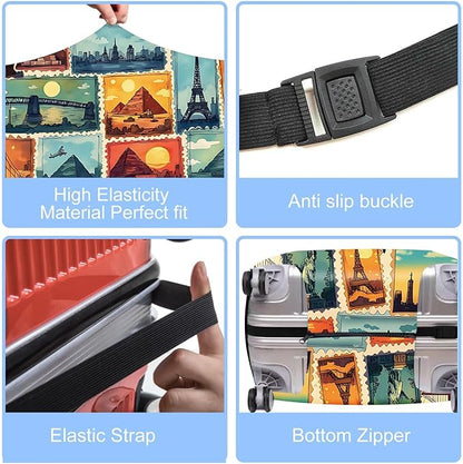 Colorful Landmark Travel Suitcase Cover – Waterproof Elastic Luggage Protector Wrap Featuring Iconic Monuments in Stamp Design,Fits 32"-34" Luggage, XL