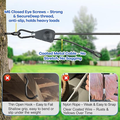 TooTaci 15ft Outdoor Clothesline Kit, 3/16" Black PVC Coated Wire Rope Heavy Duty Portable Clothes Line Kit with Self-Locking Pulley, Screw Hook & Snap Hook for Camping, Backyard, Balcony, Travel