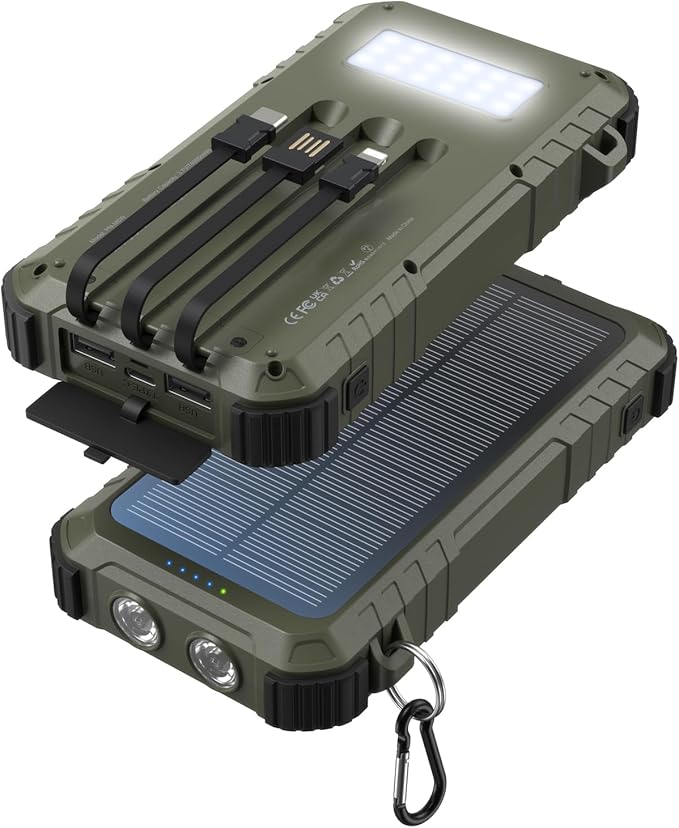 Power-Bank-Solar-Charger 45800mAh Fast Charging with 3 Built-in Cables LED Flashlight Portable External Battery Pack Compatible with iPhone, and-roid, Tablet, Drone, Camera