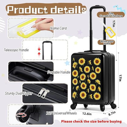 Redbaker 6 Pcs Kids Luggage Set 17 Inch Kids Rolling Luggage Double Pattern Suitcase for Girls Boys School Gift(Back Yellow, 17 Inch, Sunflower Style)