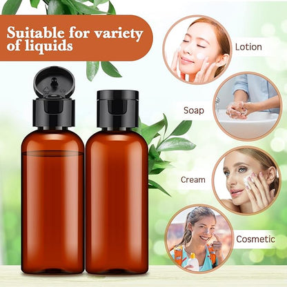 Eccliy 100 Pack 2 oz Travel Bottles Plastic Bottles with Lids Refillable Travel Size Cover Cap Plastic Liquid container for Toiletries Lotions Shampoo Creams Dispensing with 5 Funnels(Brown)