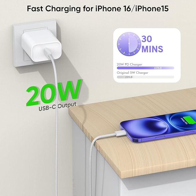 2Pack iPhone 17 16 15 Fast Charging Charger[Apple MFi Certified]6FT USB C-C Fast Charging Woven Cable with USB C Wall Block Apple Charger for iPhone17 Pro/17 Air/16e/17/16/15Pro/Plus,iPad Pro/Air/Mini