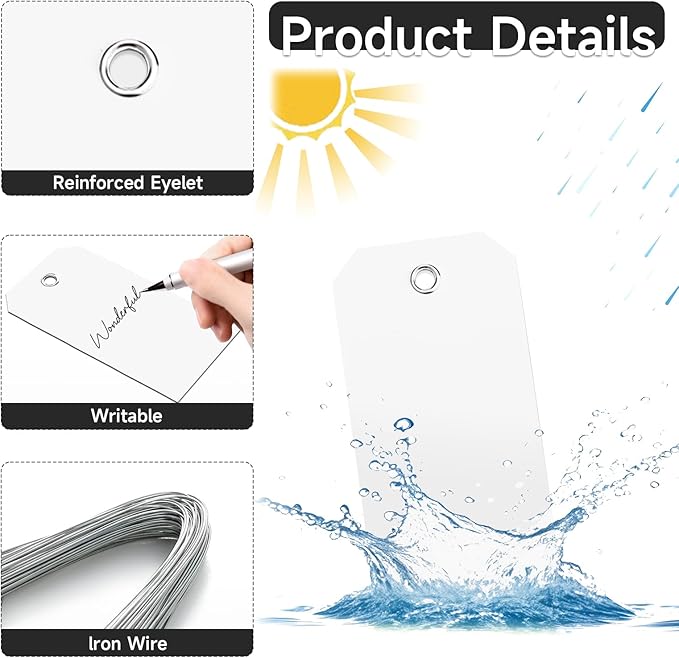 1000 Pieces Plastic Shipping Tags with Wire Labeling Tags Waterproof Hang Tags with Reinforcement Hole Writable Luggage tag Loops for Equipment Inventory Parts Garage (White, 4 3/4" x 2 3/8")