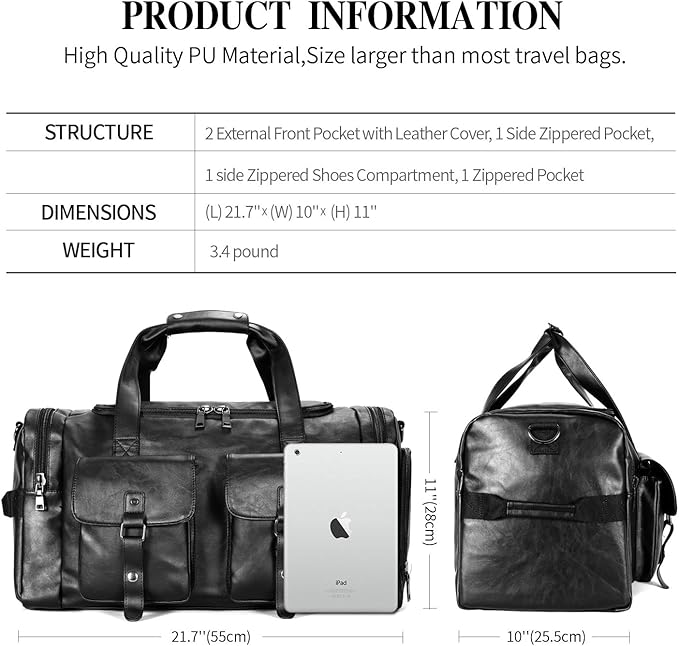 Zeroway Travel Duffel Bag with Shoe Pouch, PU leather Carry on Bag Weekender Overnight Bag for Men Women Black