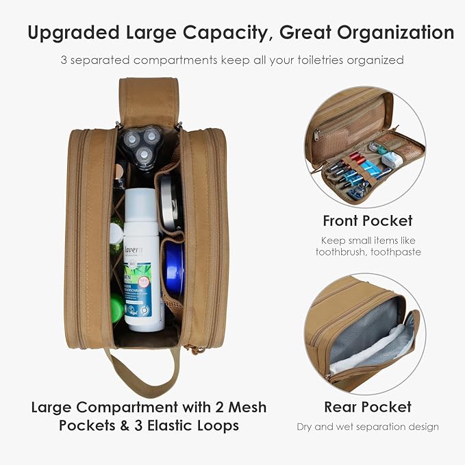 TACTICISM Toiletry Bag for Men - Extra Large Dry Wet Separate Travel Toiletry Bag, Tactical Molle Dopp Kit for Men, Water-Resistant Shaving Bag for Travel Camping Gym, Brown