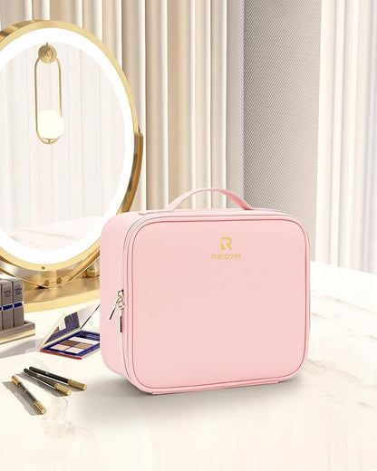 Relavel Travel Makeup Train Case Cosmetic Case Organizer Portable Artist Storage Bag with Adjustable Dividers for Cosmetics Makeup Brushes Toiletry Jewelry Digital Accessories (Pink)