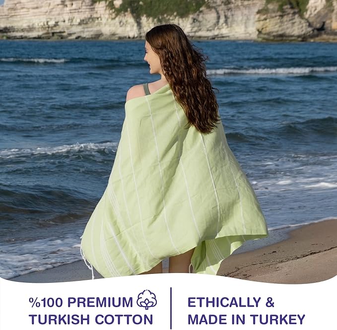 Turkish Beach Towels, Bulk Case of 12 | Oversized, Quick Dry, Sand Free | 100% Cotton, Large 38x71 Towels for Beach, Pool, Travel | Ultra-Soft, Compact, Absorbent | Pistachio Green