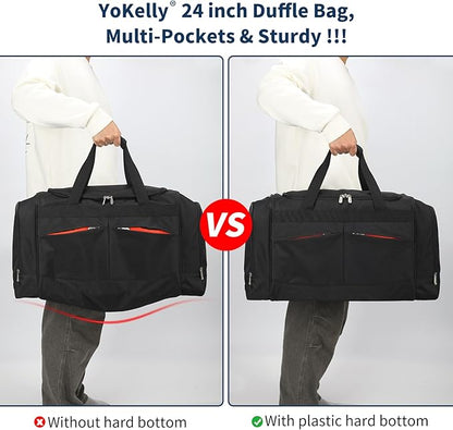 24 inch Large Gym Bag for Men - 65L Hard Bottom Duffle Bag with Shoes Compartment for Sport/Travel - Black