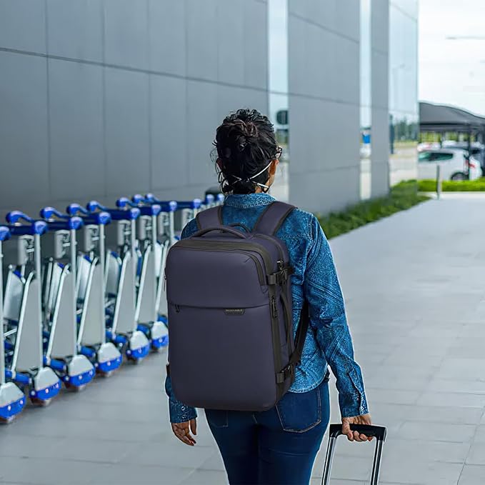 Vacuum Seal Travel Backpack 45L - Expandable Air Compression System, Water-Resistant, Carry-On Suitcase Luggage with TSA Lock Fits 18" Laptop - Vacuum Pump Included (Blue)