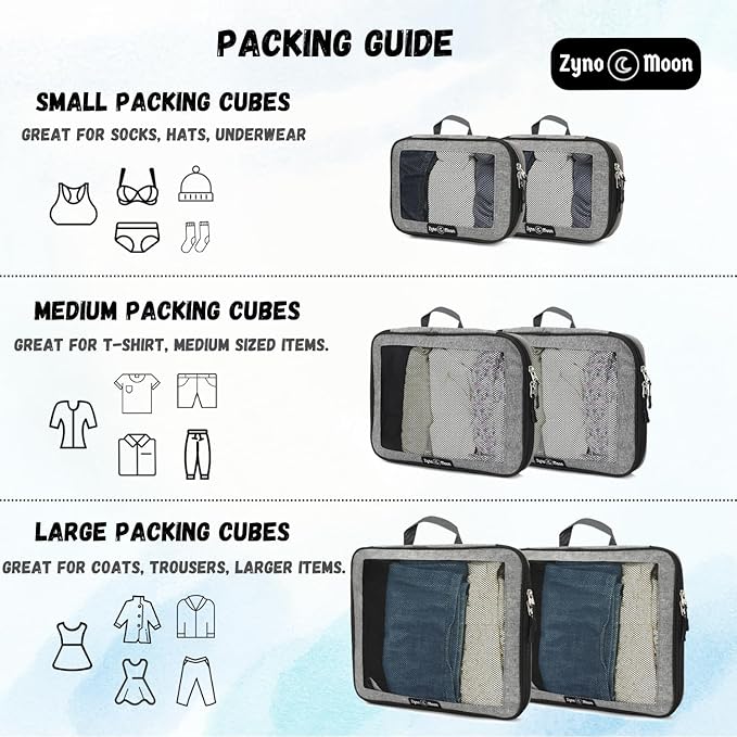 6-Piece Travel Packing Cubes Set - Lightweight Compression Bags with Durable Zippers & Mesh Panels - Space-Saving Travel Organizers for Suitcase, Backpack, Carry-On & More - Grey