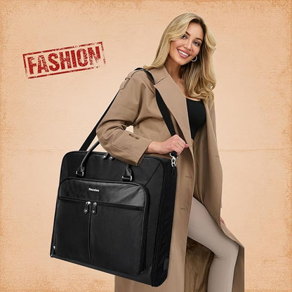 Garment Bag Travel Large Leather Carry On Suit Bag with Strap for Business Hanging Suitcase Luggage Bags for Men Women (Black)