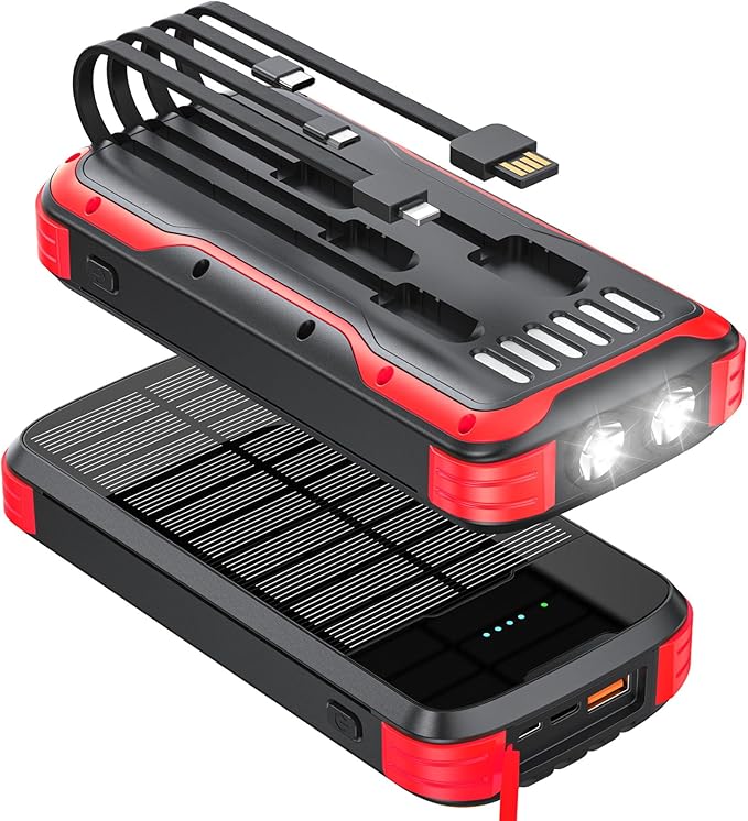 Solar Charger Power Bank, 40000mAh Portable Charger PD 20W Fast Charging Solar Power Bank Built in 4 Cables and USB-C in/Output, Camping Essentials External Battery Pack with Flashlights
