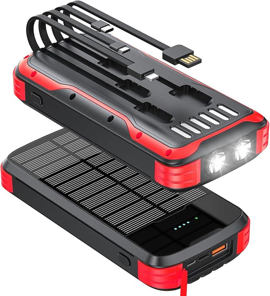 Solar Charger Power Bank, 40000mAh Portable Charger PD 20W Fast Charging Solar Power Bank Built in 4 Cables and USB-C in/Output, Camping Essentials External Battery Pack with Flashlights