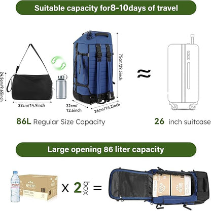 Vomgomfom 86L Collapsible Wheeled Luggage with Removable Backpack Straps,Waterproof Rolling Duffle Bag with Quilted Base,No Telescope Handle,Navy