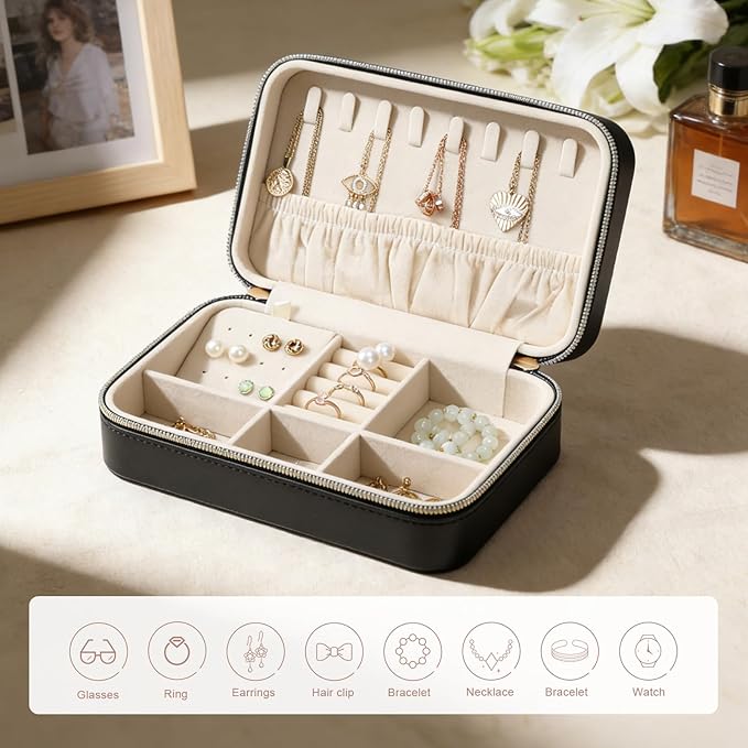 Portable Jewelry Organizer for Travel Compact Leather Jewelry Box with 8 Hooks, Earring Holder & Zippered Pouch, Ideal Gift for Women Black