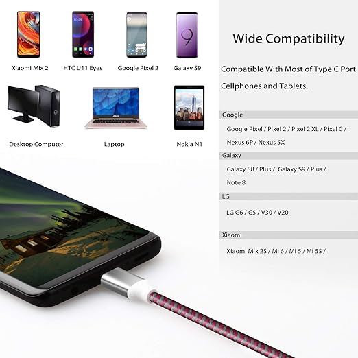 Fasgear 10ft USB-C to USB A Cables 3 Pack Long 3A Fast Charging Type C Charger Cord Nylon Braided Compatible with Galaxy S21 Note 10 S9 S8 A70 A60 A51/LG V20 G6/Moto Z /PS5 (Blue/Black/Rose)