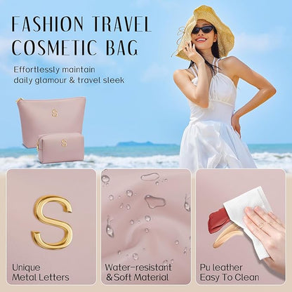 Women Gifts | Initial Makeup Bag Set for Girl Personalized Gifts for Bridesmaid Friend Graduation Teachers PU Leather Cosmetic Travel Toiletry Bag(Pink,S)