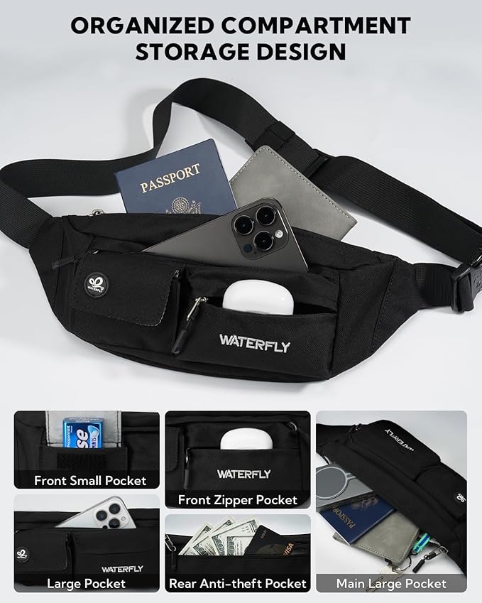 WATERFLY Small Crossbody Fanny Pack: 5 Pocket Slim Lightweight Waist Belt Hip Bag for Women Men Water Resistant Chest Pouch for Travel Hiking Running Walking Fit All Phones - Black