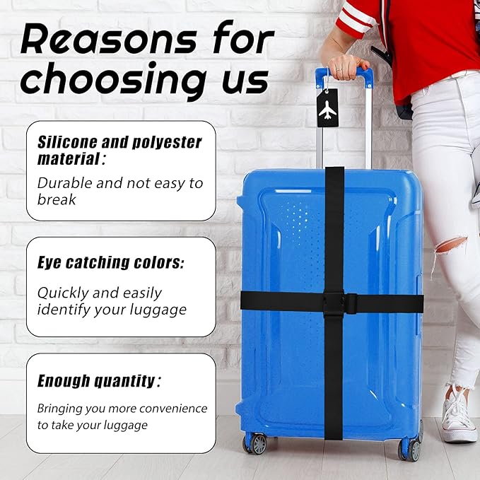 Weewooday 8 Pcs Luggage Straps Suitcase Tags Set for TSA Approved, 4 Travel Adjustable Suitcase Belt, 4 Silicone Luggage Tags with Name ID Card Travel Accessories(Black,Airplane)