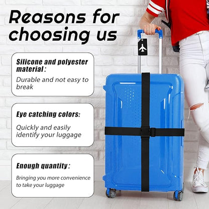 Weewooday 8 Pcs Luggage Straps Suitcase Tags Set for TSA Approved, 4 Travel Adjustable Suitcase Belt, 4 Silicone Luggage Tags with Name ID Card Travel Accessories(Black,Airplane)