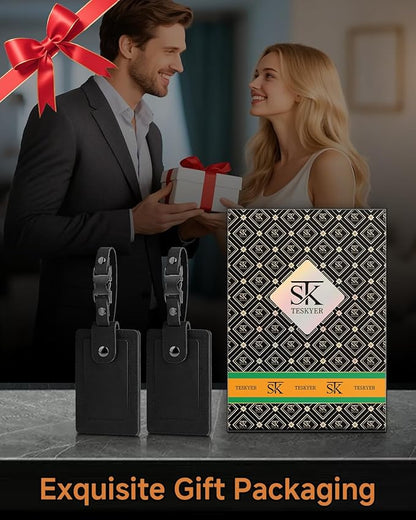 Premium Genuine Leather Luggage Tags for Suitcases - Quick Release, Privacy Protection, Elegant and Durable, Travel Essential Luggage Tag - 2 Pack Black