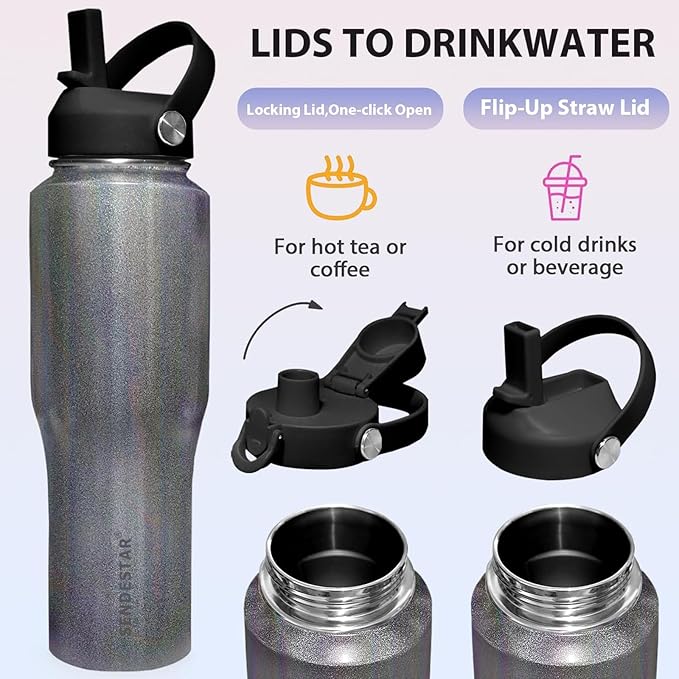 SENDESTAR 40oz Stainless Steel Water Bottle(Cold for 48 Hrs, Hot for 24 Hrs),Double Wall Vacuum Insulated Bottle with Straw Lid, Spout Lid and Flex Cap, Fit in Any Car Cup Holder,Laser Grey