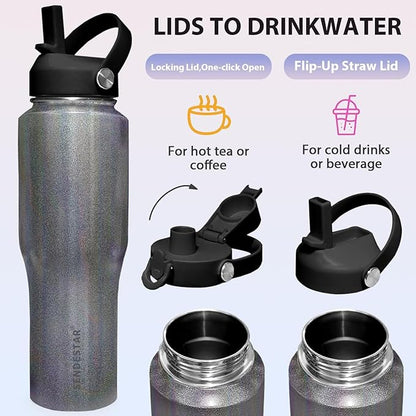 SENDESTAR 40oz Stainless Steel Water Bottle(Cold for 48 Hrs, Hot for 24 Hrs),Double Wall Vacuum Insulated Bottle with Straw Lid, Spout Lid and Flex Cap, Fit in Any Car Cup Holder,Laser Grey