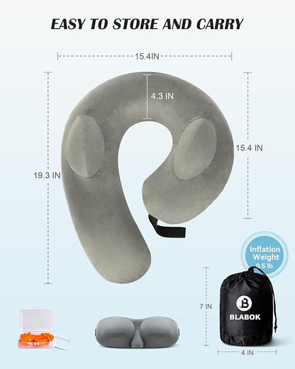 Inflatable Neck Pillow for Travel, Travel Pillow Support Head and Neck, Travel Neck Pillow for Airplane,Train,Car,Office,Home,Washable Cover (Grey)