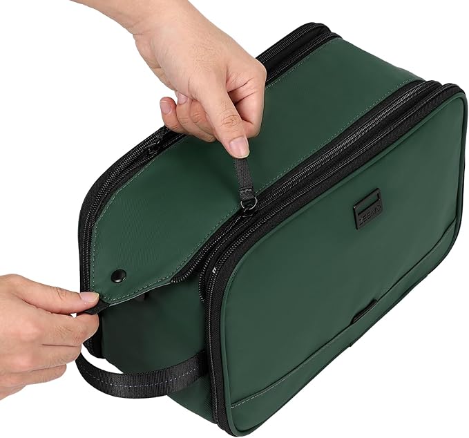 ZEEMO Travel Toiletry Bag for Men, Medium Water-Resistant Double-Sided Full-Open Dopp Kit, Versatile Organizer for Shower and Hygiene Accessories, Bathroom Essentials, Cosmetics, Large, Green