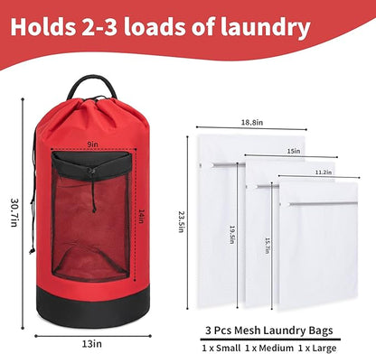 Laundry Bag Backpack with 3 Sizes Mesh Wash Bags and Shoulder Straps Foldable Clothes Hamper Bag with Drawstring Closure for College, Apartment, Laundromat (Red)