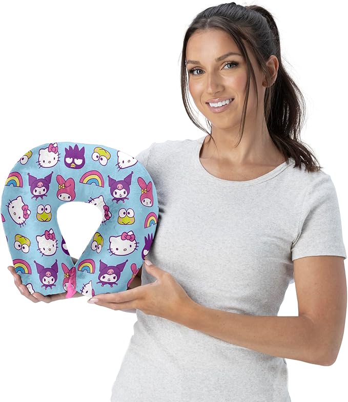 Northwest Hello Kitty & Friends Keep It Kind Travel Neck Pillow, U-Shaped Plush Cushion for Airplane, Traveling, Car, 12x13 inches