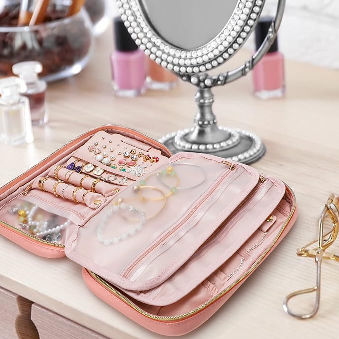 emissary Jewelry Organizer Case Travel Jewelry Storage Bag for Necklace, Earrings, Rings, Bracelet, Valentines Day Gifts, Earring Storage, Necklace Storage, Pouch Bag Accessories for Travel (Pink)