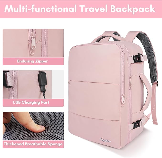 Taygeer Laptop Backpack for Women, Large Travel Backpack with 17.3 inch Laptop Compartment, TSA Friendly 40l Carry On Mochila, Daypack Business Computer Bag for Office Work Travel Essentials, Pink