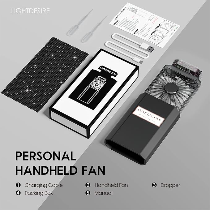 LIGHTDESIRE DIY Bling Crystal Rhinestones Handheld Fan, Mini Personal Fan, Cooling Small Fan Rechargeable 3 Speeds Mode with Crystal Rhinestones Sticker Sheet(Black Fan with DIY Diamon)