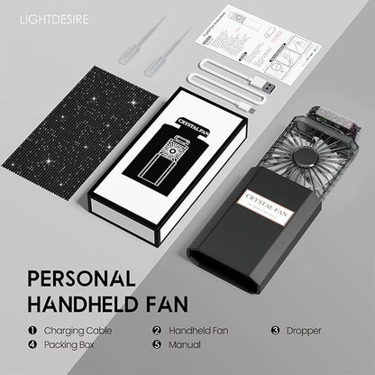 LIGHTDESIRE DIY Bling Crystal Rhinestones Handheld Fan, Mini Personal Fan, Cooling Small Fan Rechargeable 3 Speeds Mode with Crystal Rhinestones Sticker Sheet(Black Fan with DIY Diamon)