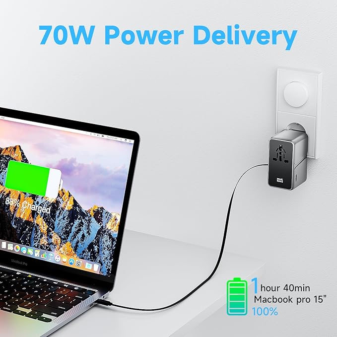 Minthouz Universal Travel Adapter, International 70W Power Adapter GaN Fast Charger with 3 USB-C PD, 1 USB-C Cable & A Ports, All-in-One Portable AC Power Plug Adapter for USA EU UK AUS