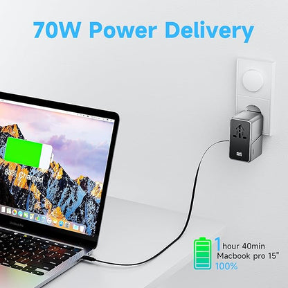 Minthouz Universal Travel Adapter, International 70W Power Adapter GaN Fast Charger with 3 USB-C PD, 1 USB-C Cable & A Ports, All-in-One Portable AC Power Plug Adapter for USA EU UK AUS